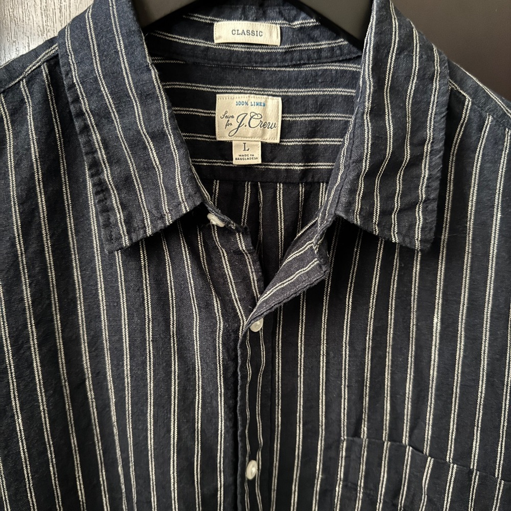 J Crew Classic Fit Baird McNutt Navy White Striped Short Sleeve Linen Shirt - L